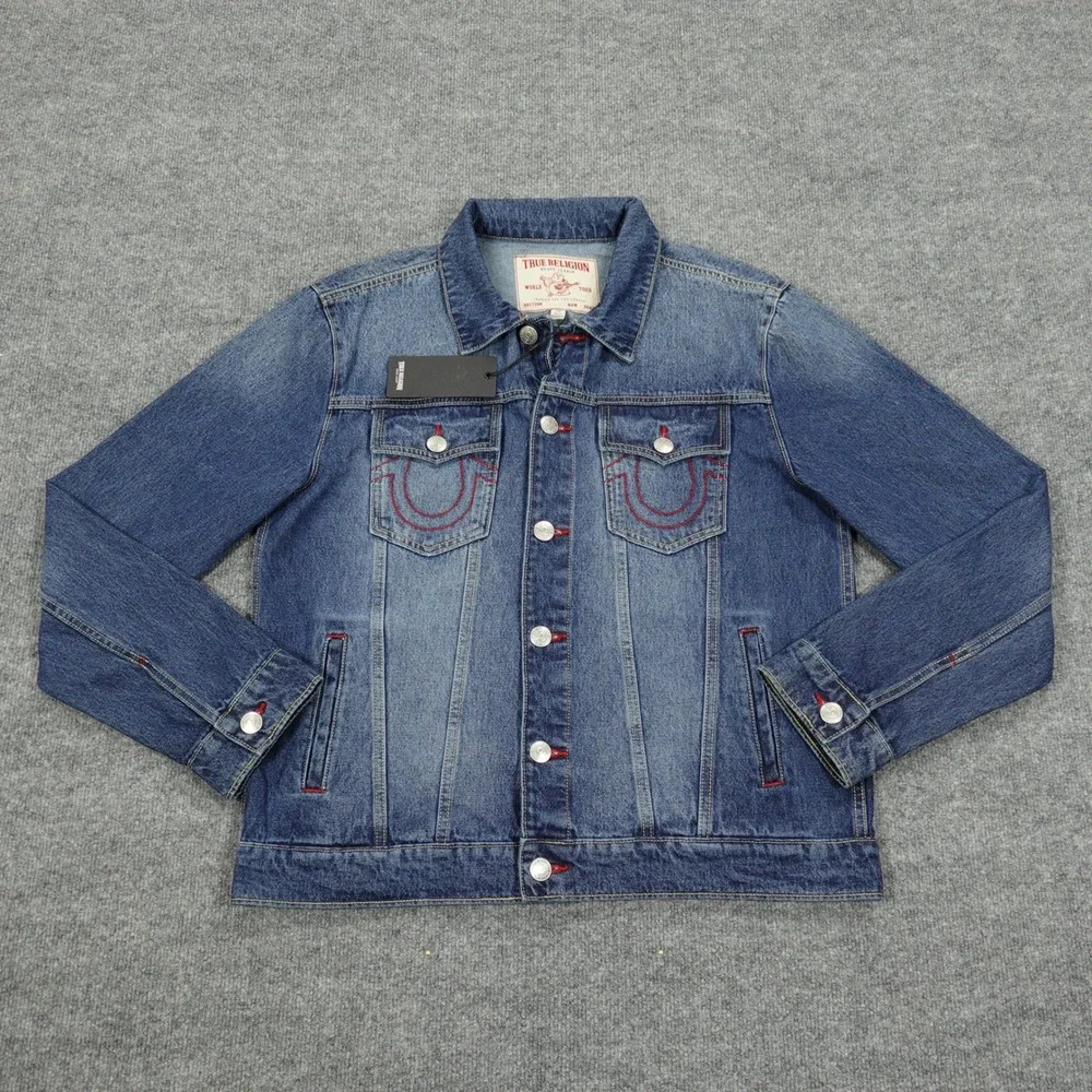 True Religion Jacket Mens Large Blue Jesse Trucker Denim Red Stitching New